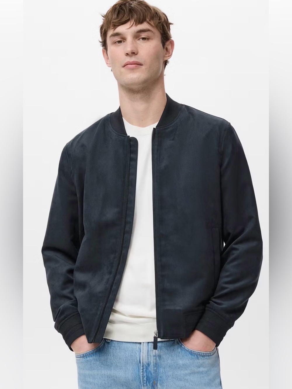 Faux Suede Bomber Jacket in Dark navy